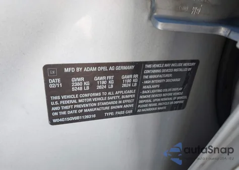 2011 Buick Regal Cxl Turbo Russelsheim из США, поврежденный, VIN W04G15GV6B1126316